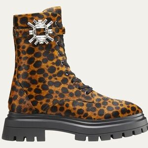 NEW Stuart Weitzman 8 Bedford Boot Nova Animal Leopard Calf Hair Lace Up Combat